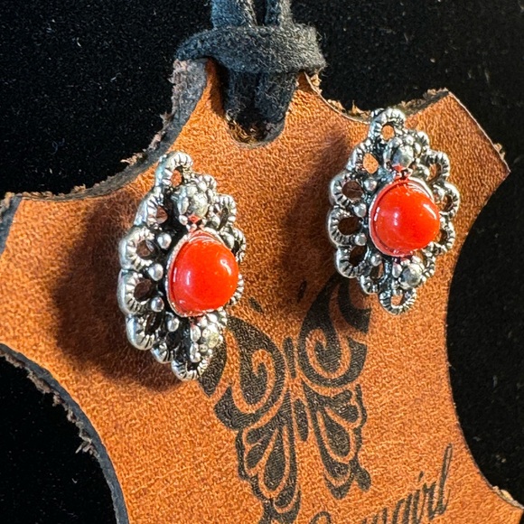 Southwest Style Red Stone Stud Post Fashion Earrings - Picture 2 of 6